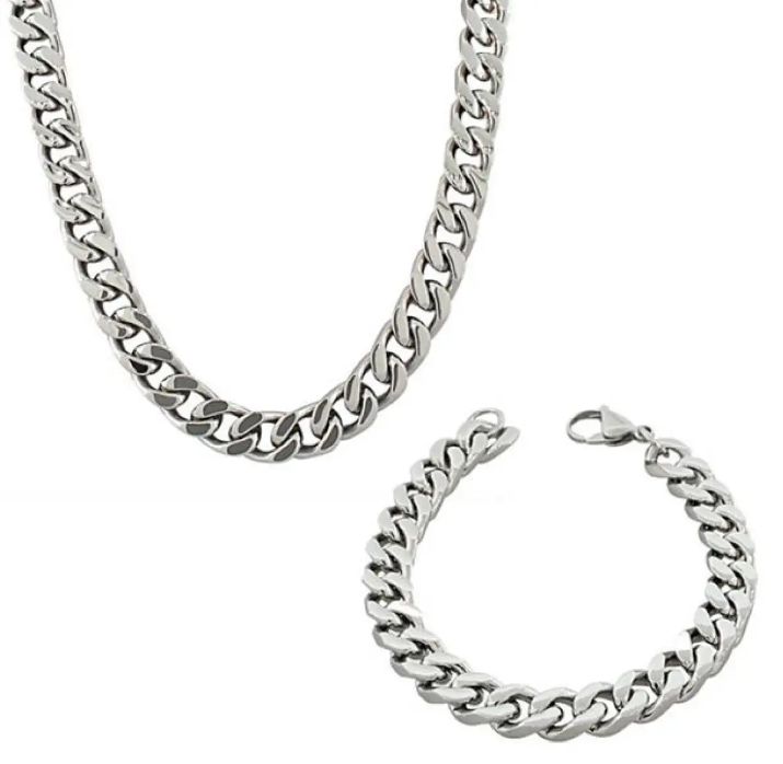 pack of 2 silvercuban link neck chain and wrist Braslete band