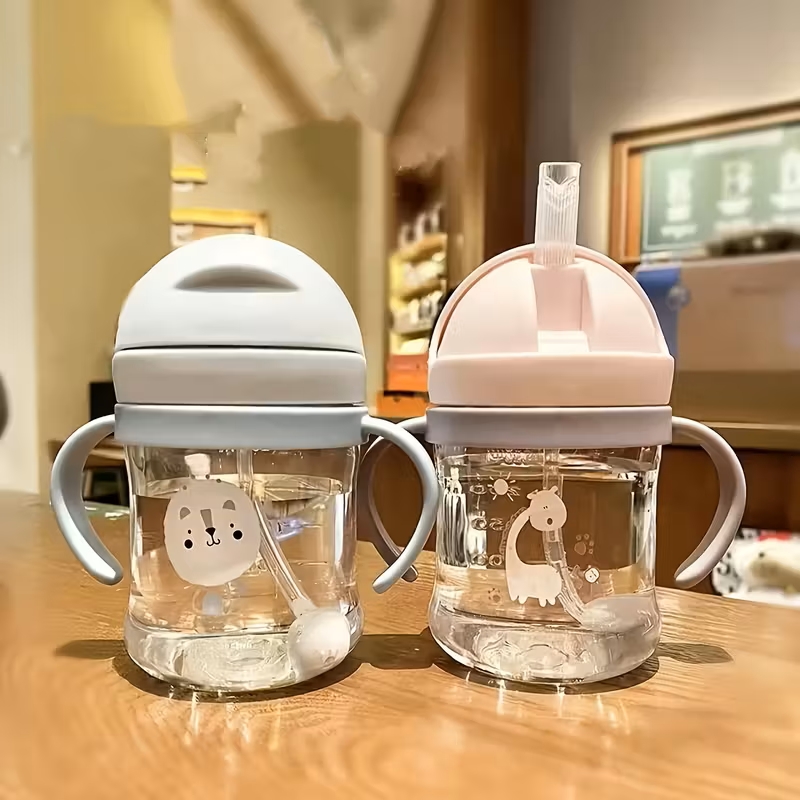 Drinking Cup with Straw, Anti-Choking Handle, Water Bottle, Unbreakable and Leak-Proof, Learning Drinking Cup