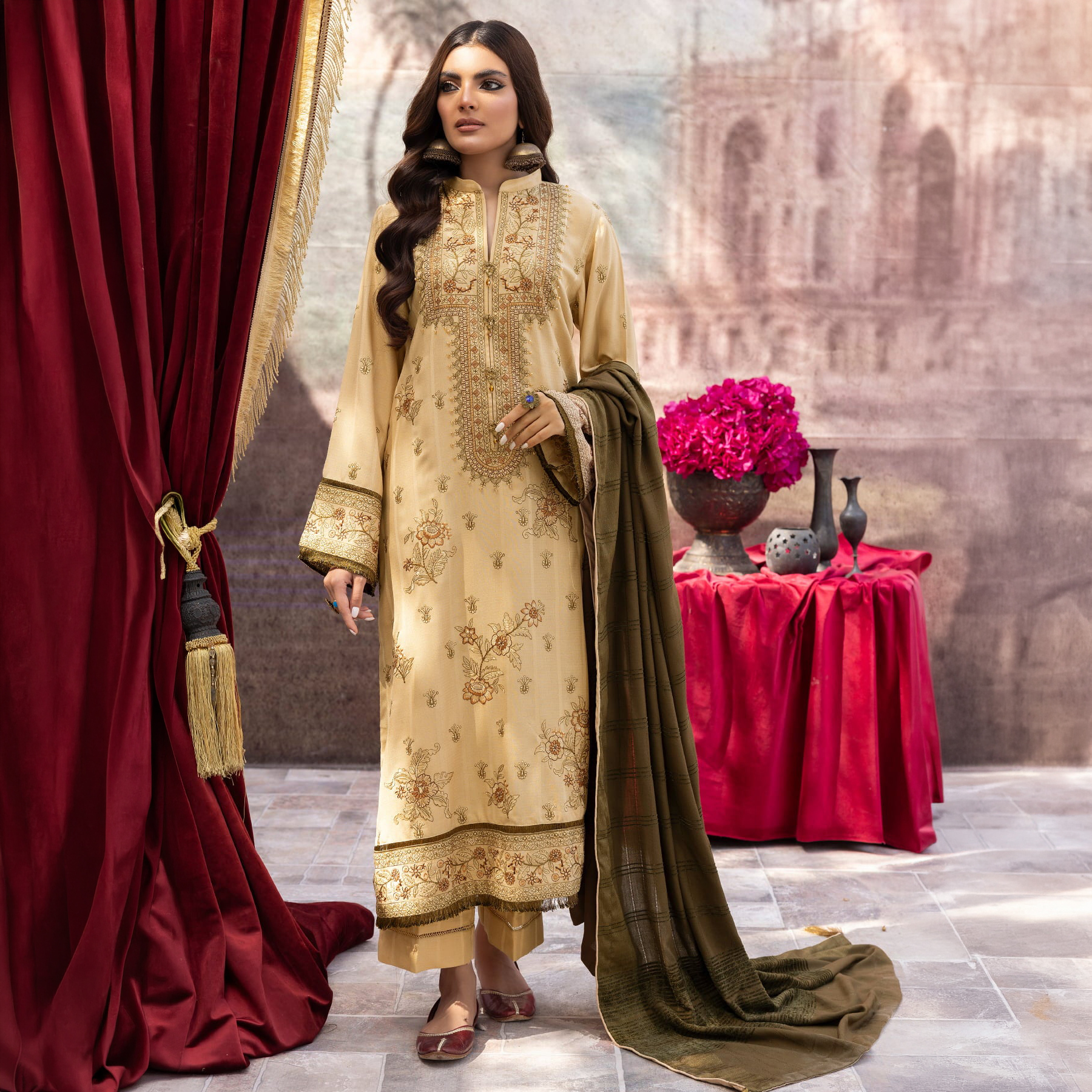 Kleren 3 Piece Unstitched or Stitched Luxury Embroidered Dhanak Suit for Women with Embroidered Dhanak Shirt, Plain Dhanak Trouser and Wool Palachi Shawl - Winter Collection 2026 - Design code : Dhanak DH-22
