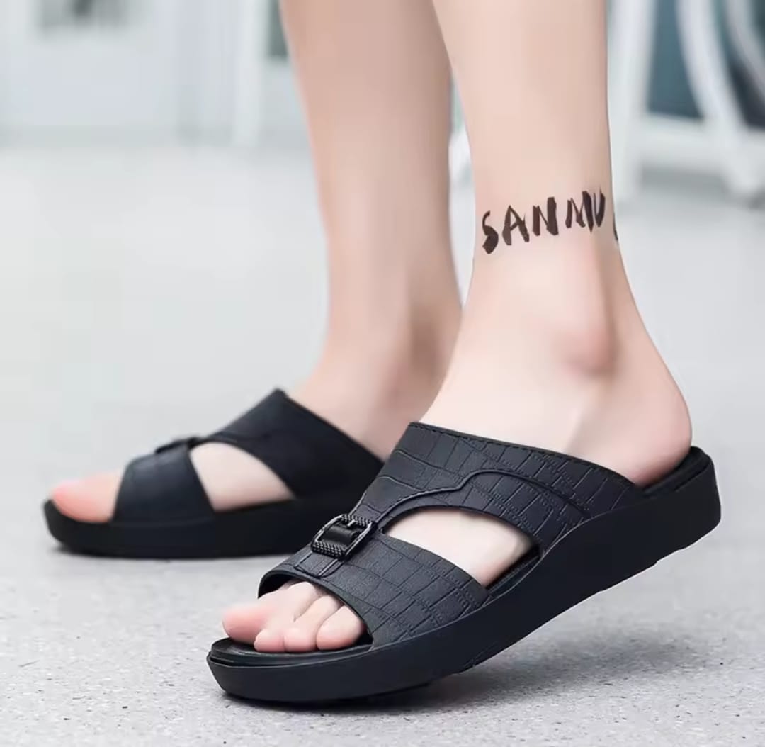 Gents Stylish Denim Fabric Chappal Black Casual Sandals Buckle Design Comfortable Soft Sole Summer Slippers for Men