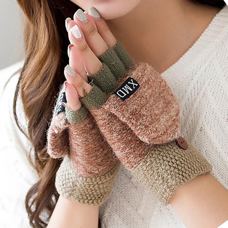 Winter Warm Thickening Wool Gloves Knitted Flip Fingerless Flexible Exposed Finger Thick Mittens for Men Women