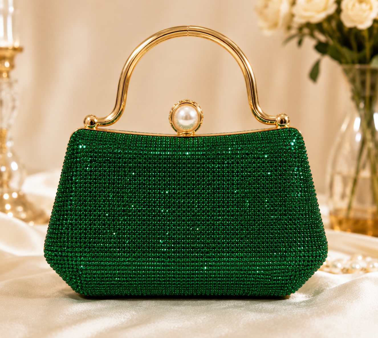 Emerald Green Sparkly Rhinestone Bridal Evening Clutch Bag | Crystal Top Handle Party Purse for Wedding | Rhinestone Evening Clutch Bag for Women|Ladies Bridal Wedding Party Purse | Crystal Top Handle Handbag |Elegant Glitter Cluth For Wedding