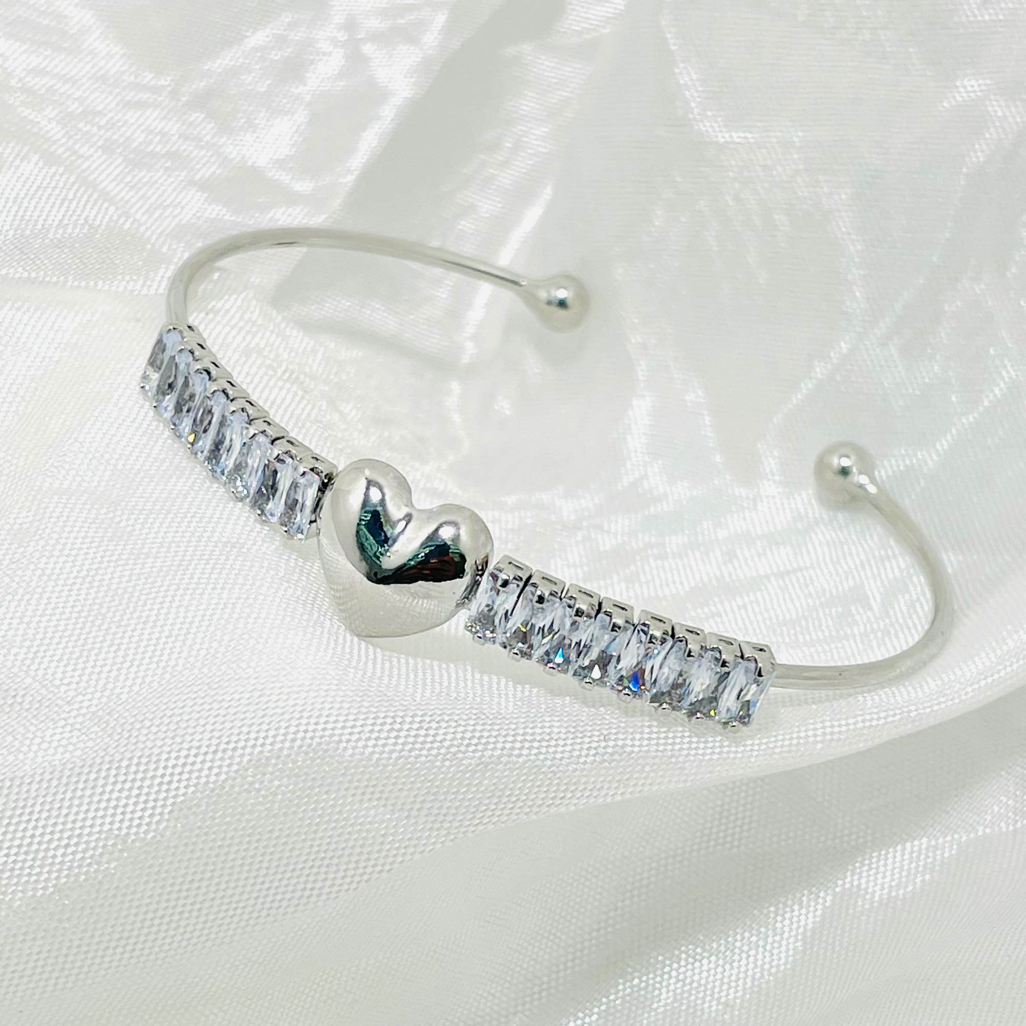 Heart Charm Open Cuff Bracelet for Women | Adjustable Gold & Silver Plated Bangle with Baguette Stones | Fashion Jewelry Gift