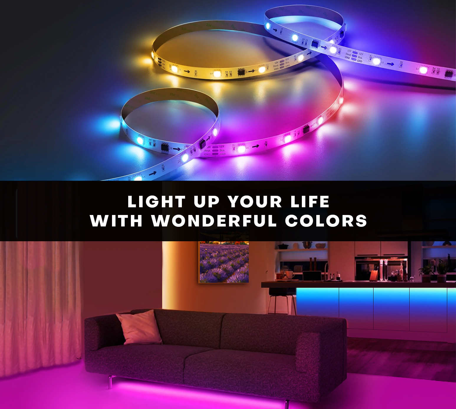 RGB LED Strip Lights 14-15Feet approx. Self-Adhesive Waterproof Color Changing Remote Control Complete kit with 12V Adapter 2835. RGB Lights Strip for PC Gaming, Bedroom, Kitchen, and Home Decoration
