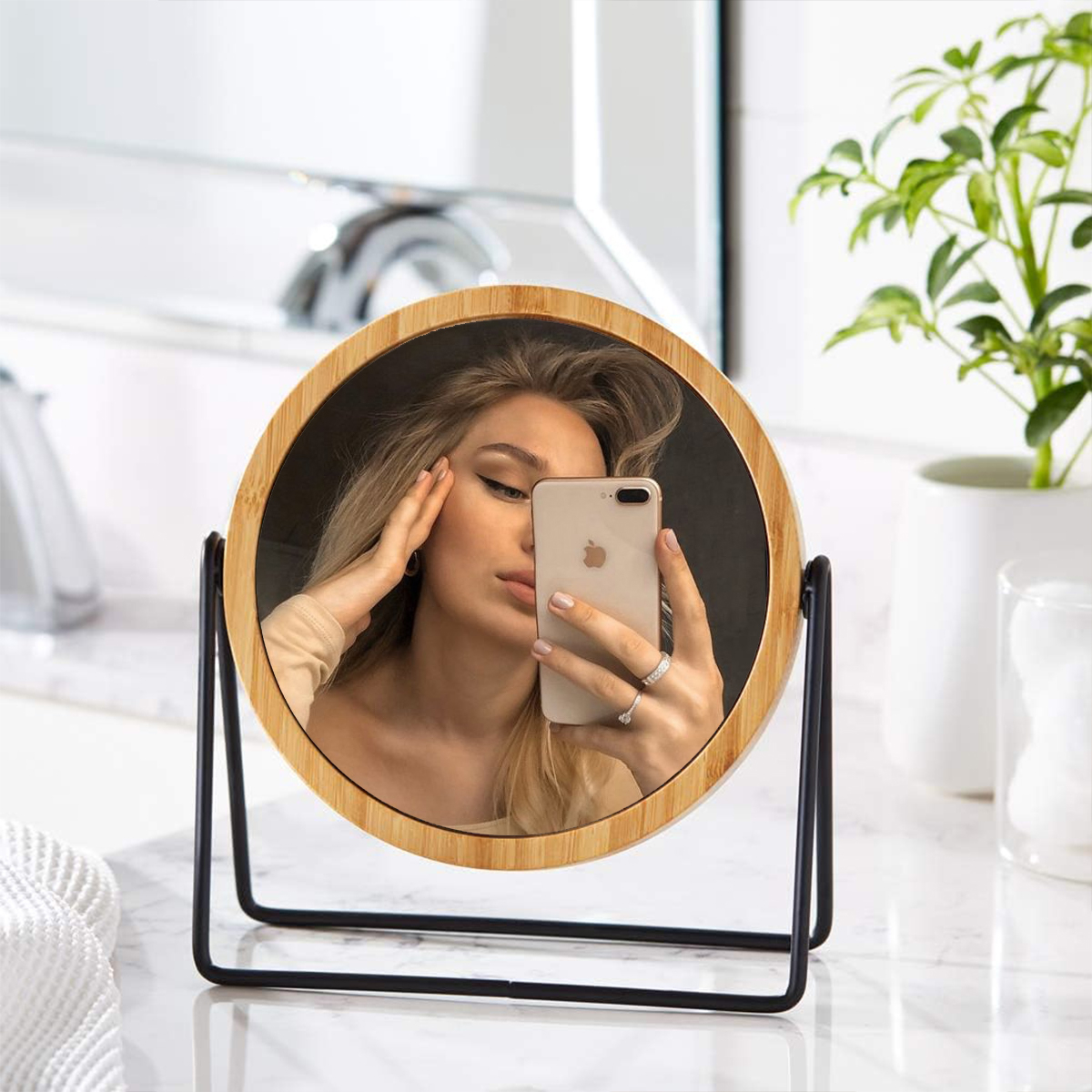 Basics Vanity Round Mirror 360 Moveable Clear Look With Wooden Rim Metal Base Stand Tabletop Mount 7.2"L x 2.87 "W Inches Size For Makeup Dressing Table And Console