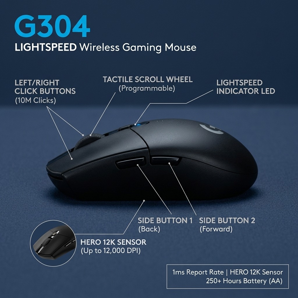 Logitech G304 LIGHTSPEED Wireless Gaming Mouse | Dual Connectivity Bluetooth + USB Receiver | 12000 DPI | High Precision Gaming Mouse