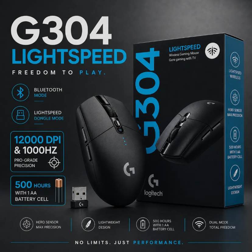 Logitech G304 LIGHTSPEED Wireless Gaming Mouse | Dual Connectivity Bluetooth + USB Receiver | 12000 DPI | High Precision Gaming Mouse