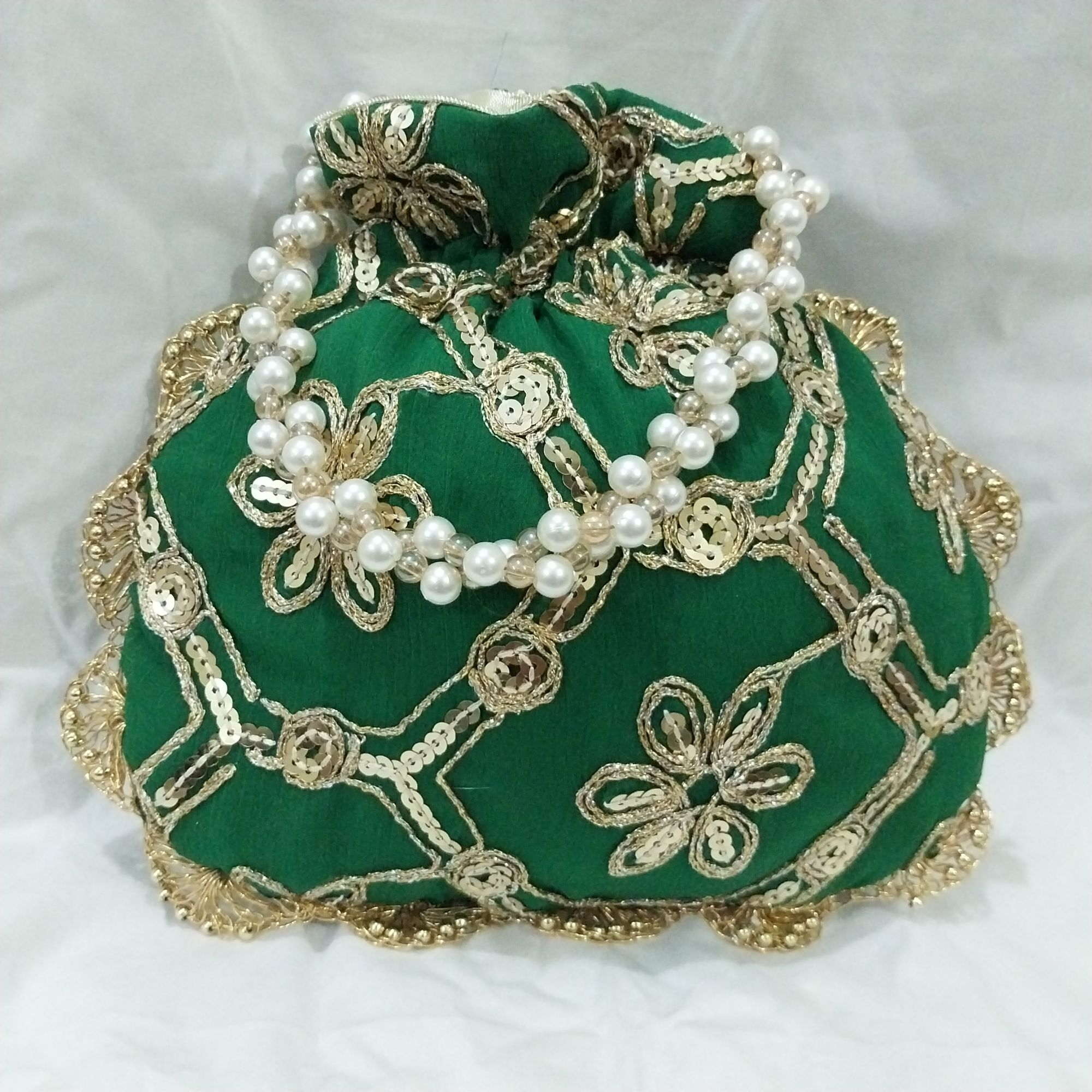 Embroidered Potli Clutch Bag with Pearl Handle for Party Wear