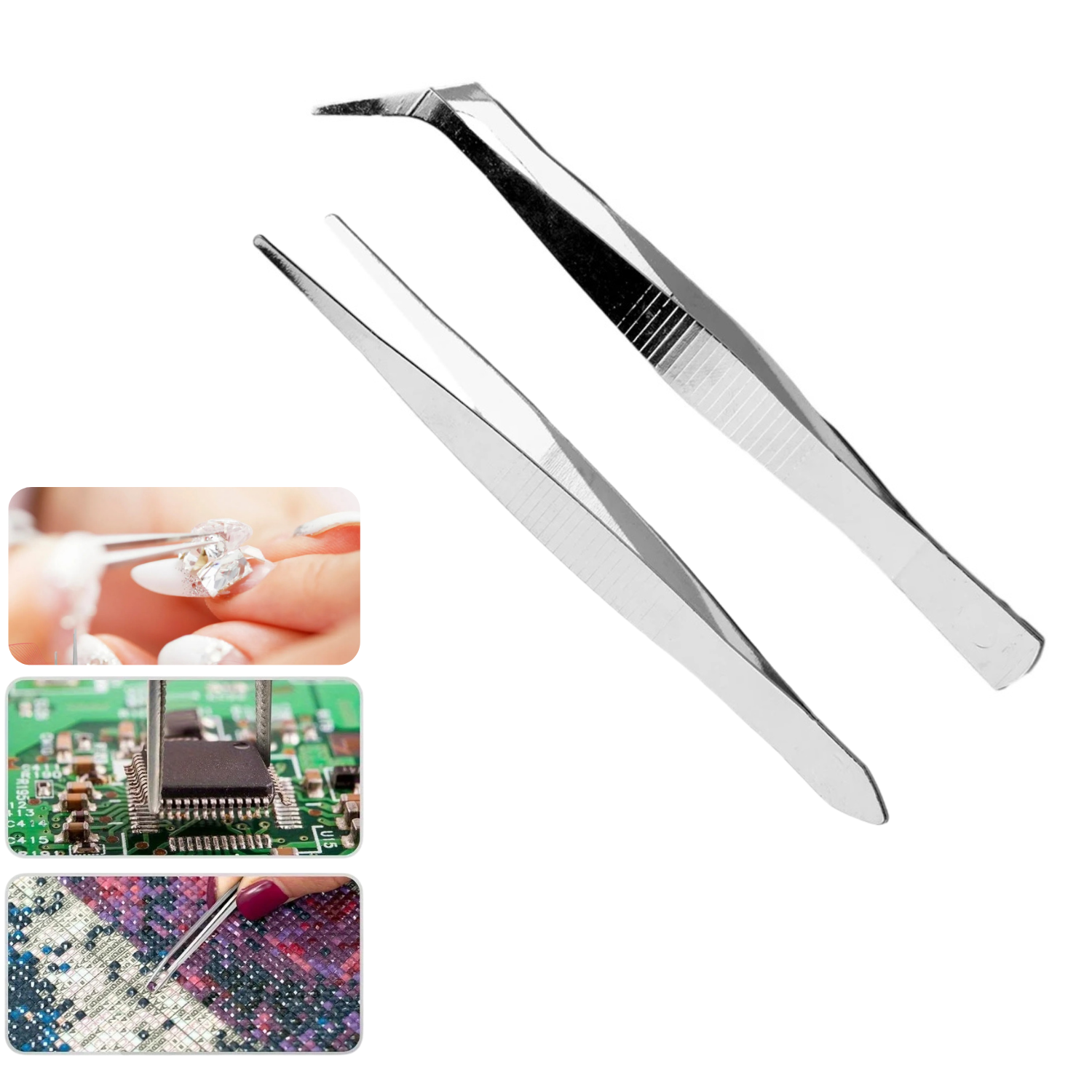 2 Pcs Stainless Steel Precision Tweezers Set – Straight & Curved Tip for Jewelry Making, Beads, Rhinestones, Electronics Soldering & DIY Repair
