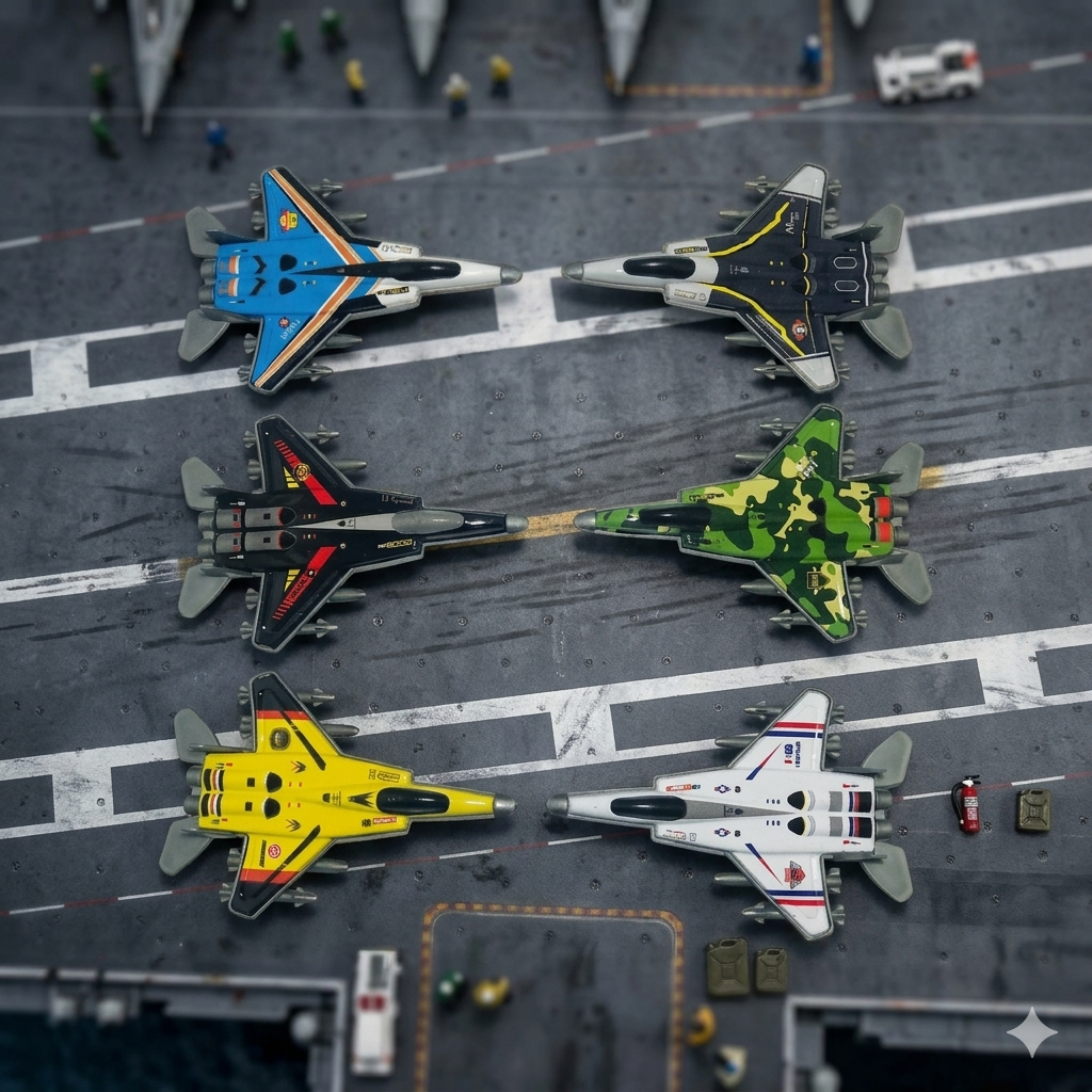 Pack of 6 Diecast Metal Fighter Jets Toy Set - High Quality Friction Powered Pull Back Aeroplanes for Kids - Miniature Military Aircraft Model Collection