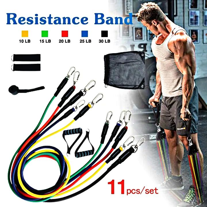 11 PCS Latex Resistance Band Set for Yoga Pilates & Abs - Home Gym Fitness Workout Equipment with Door Anchor & Ankle Straps - Heavy Duty Elastic Pull Rope Chest Expander - Tummy Trimmer for Weight Loss Belly Fat Burner & Stretch
