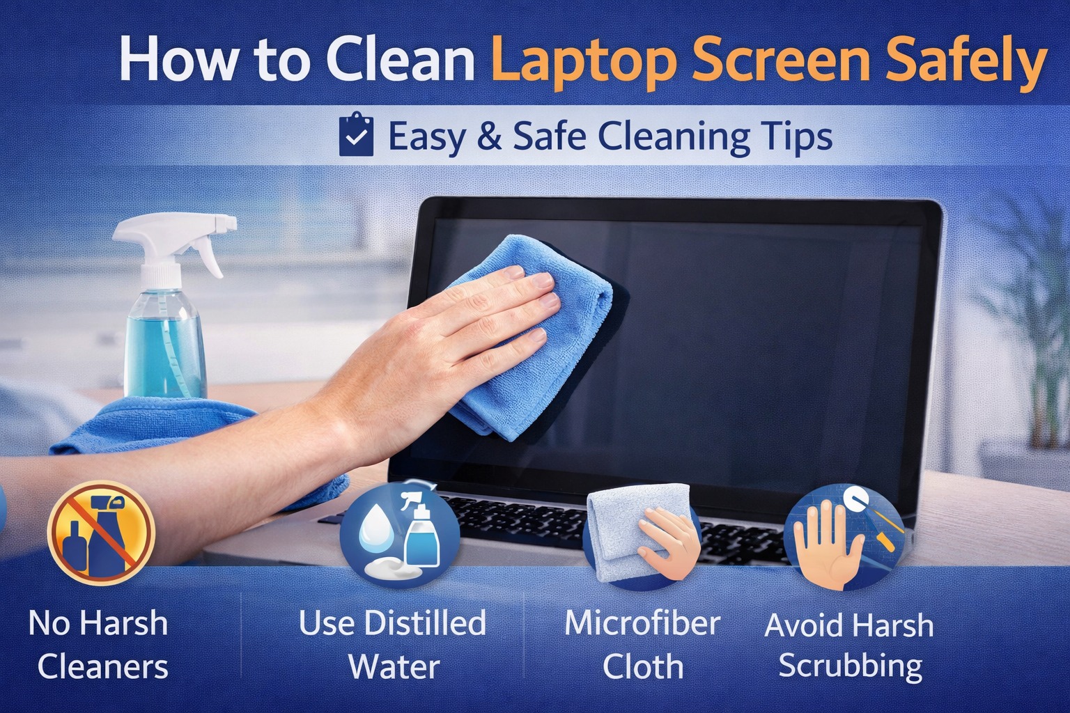 Cleaning laptop screen using microfiber cloth safely without damaging display and removing dust and fingerprints
