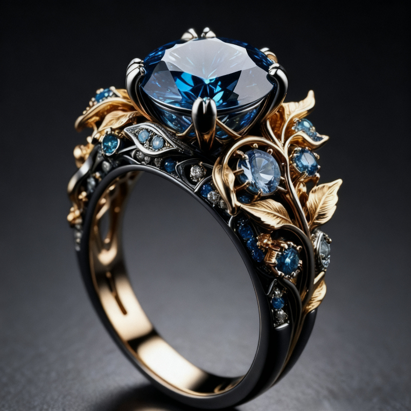 Gold Color Leaf Shaped Inlaid Blue Synthetic Zirconia Ring Suitable for Women's Banquets Engagements Jewelry Accessories 
