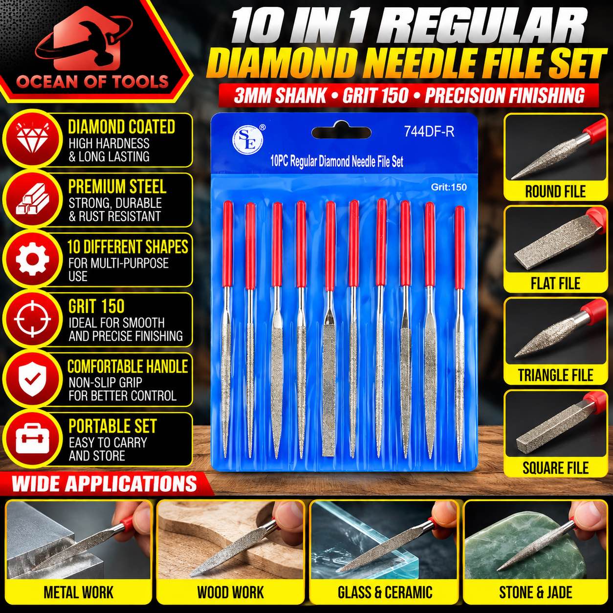10 in 1 Diamond Needle file set for Professional use specifically for jewellery , instrument parts & dies etc