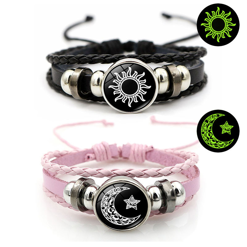 2Pcs Luminous Couple Bracelets Sun Moon Adjustable Black Braided Bracelet Friendship Fashion Romantic Jewelry Birthday