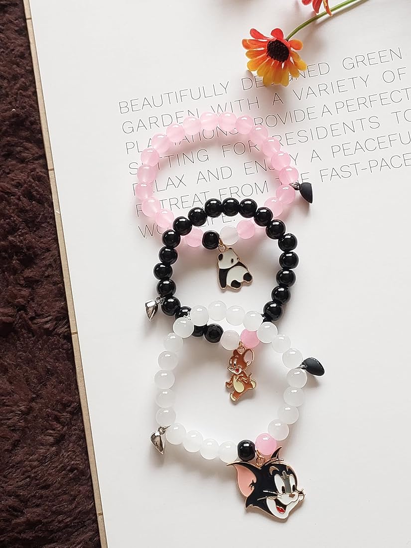 Pack Of 3 Stone Beads Bracelet With Cute Panda Tom And Jerry Charm Beautiful Magnet Heart Distance attractive Bracelet For Friend Ship Best For Gifts Besties Bracelet For Girls