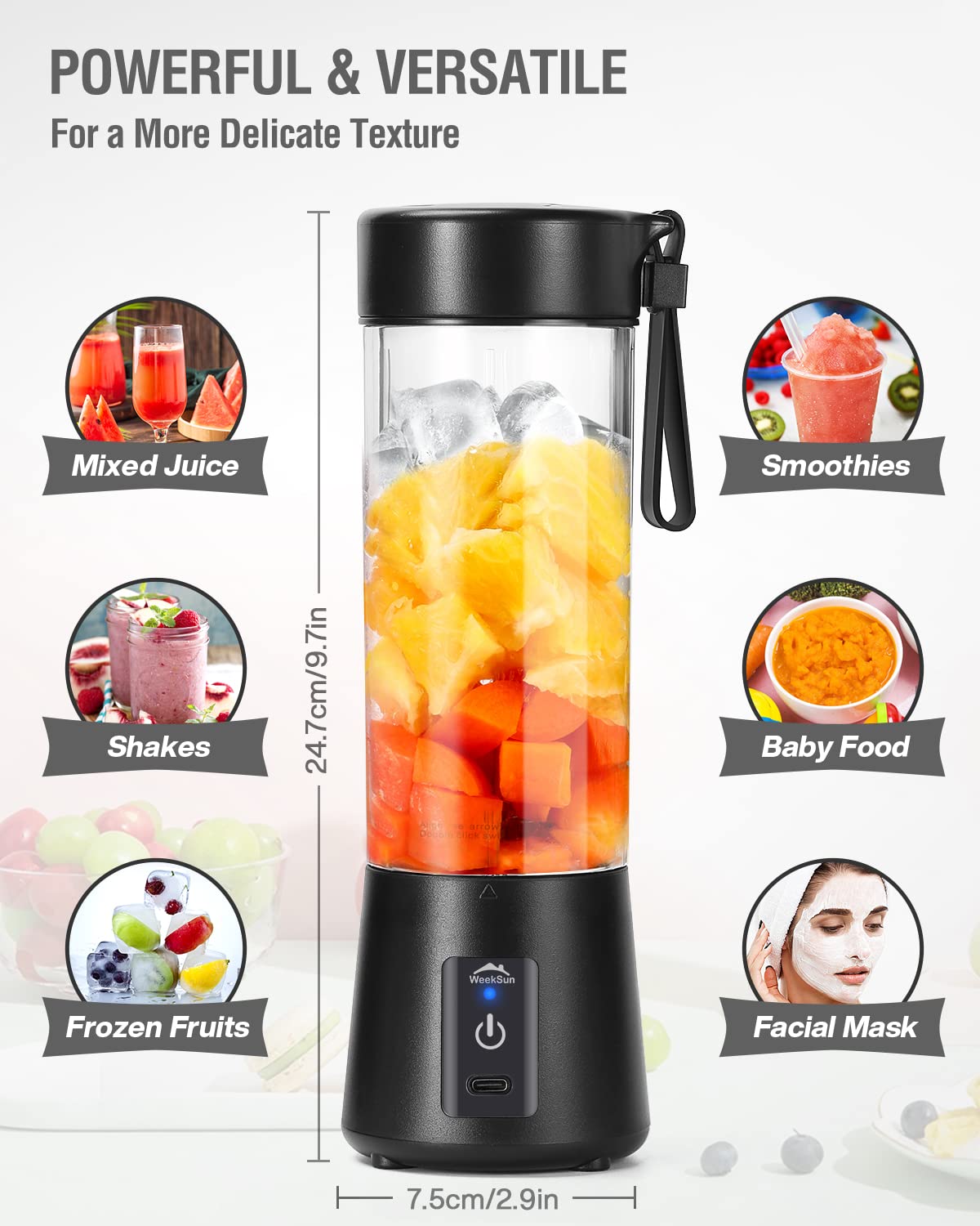 Portable 6-Blade Juicer Blender With Built-in Jar, Mixer Bottle, USB Rechargeable Personal Size Grinder for Juices, Protein & Milk Shakes - 380ml (Multi Colour) (No Color Choice)
