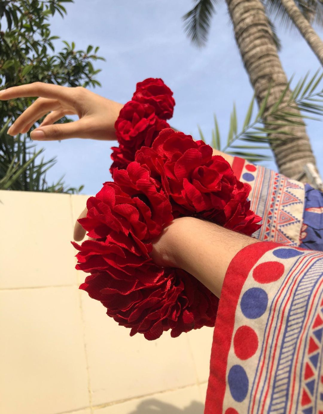 Artificial Flowers Hand Gajra Made with Red Velvet Fabric