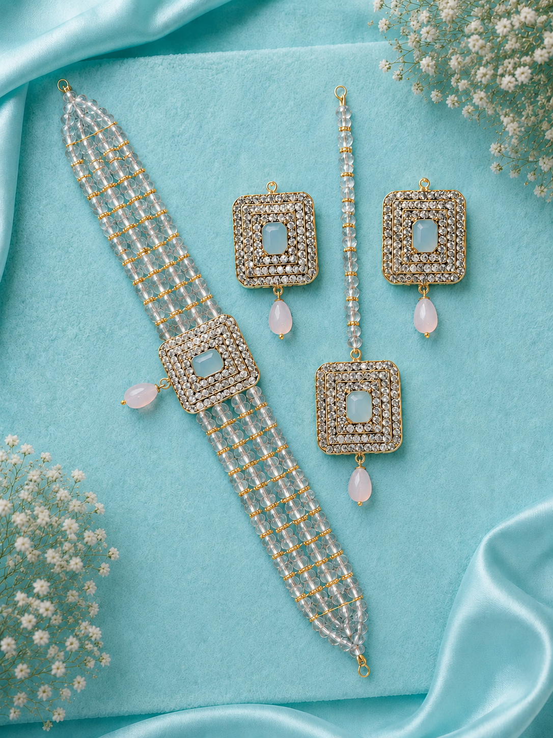 Luxury Aqua Color Bridal Choker Set | Luxury Bottle Green Crystal 5-Layer Choker Necklace Set with Earrings & Tikka | Bridal Party Wear Jewelry