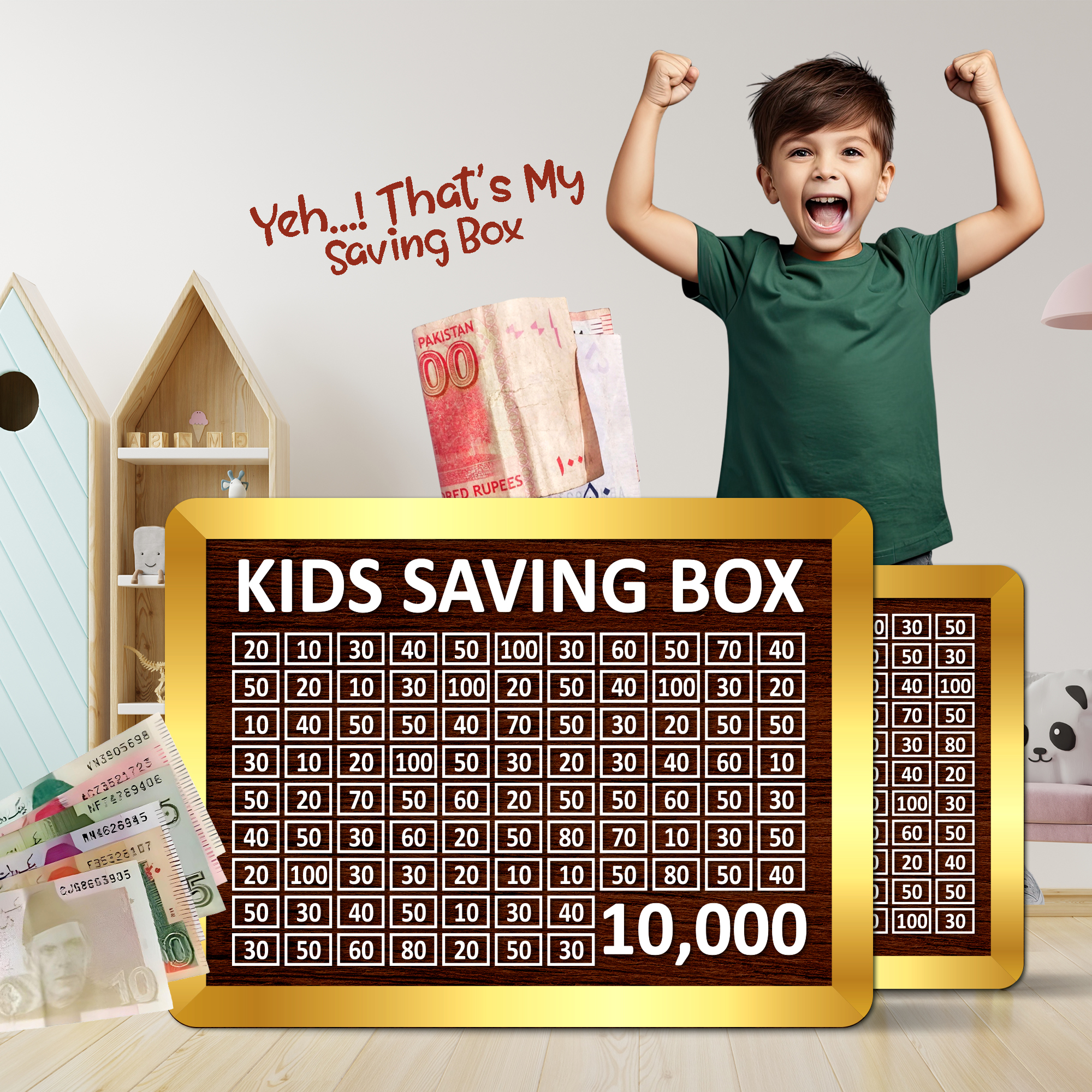 Kids Saving Box 10,000 Pkr Money Saving Challenge Chart For Children Fun Learning Wooden Cash Box Money Box For Kids Budget