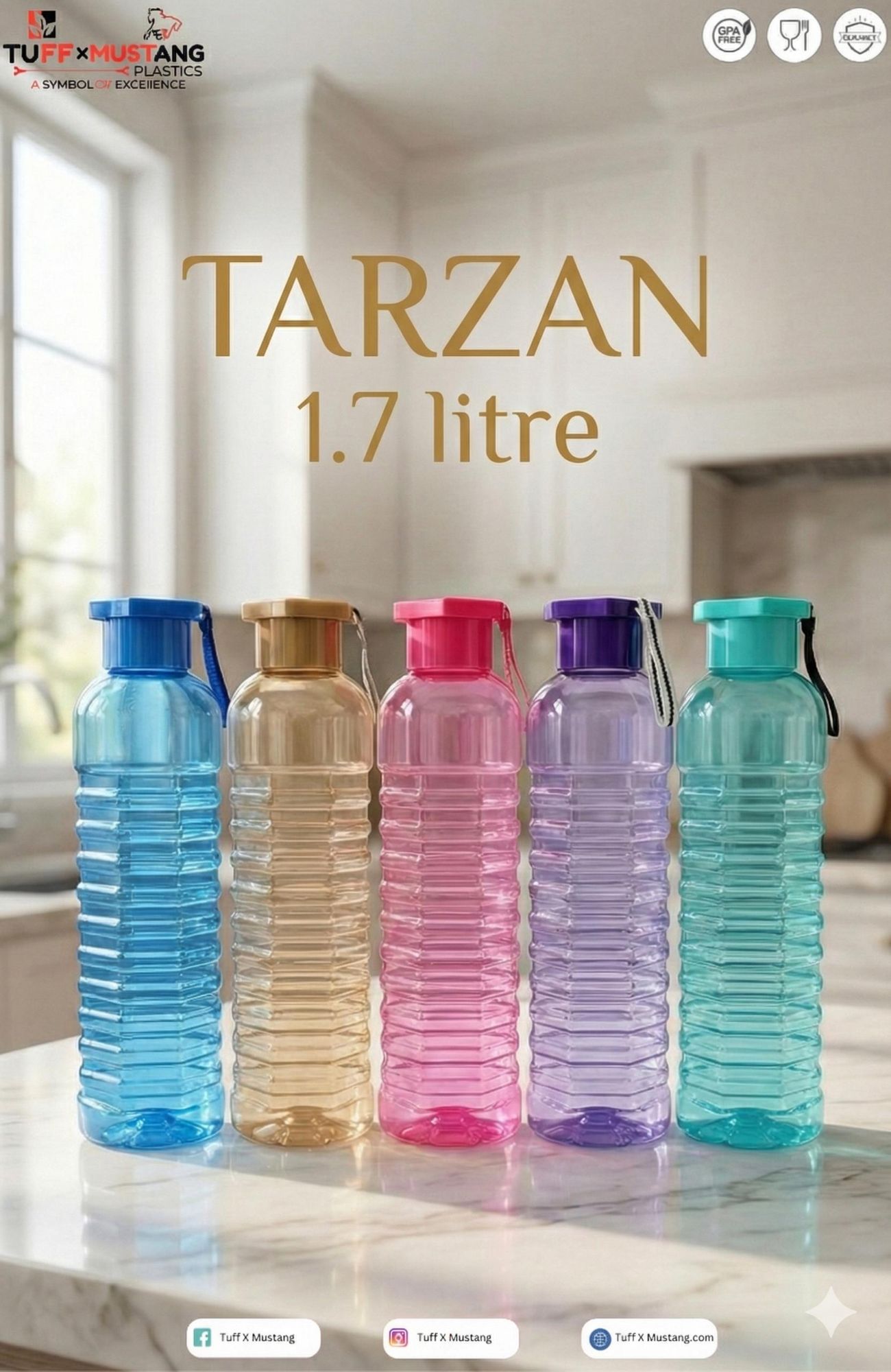 Tarzan Water Bottle 1.7 Litre – Pack of 2 | Large Capacity Leak Proof Plastic Bottle | BPA Free Drinking Bottle for Gym, Office & Home