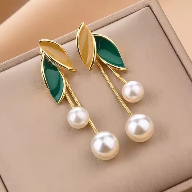 Golden Leaf Emerald & Pearl Drop Earrings New Imported Beautiful Design For Women's