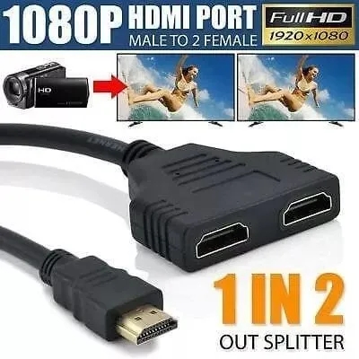 1 in 2 out HDMI Splitter Adapter Cable | HDMI Male to Dual HDMI Female Connector | HDMI Y Splitter Mirrors Two Displays