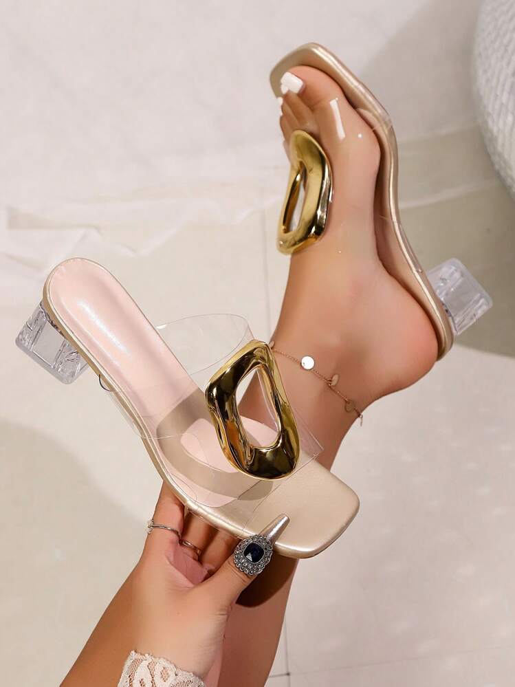 New Arrivals Women Transparent Block Heel Slippers | Clear Strap Party Sandals | Ladies Fancy Square Toe Heels