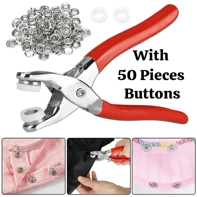 Metal Snap Button Tool with 50 Pcs Buttons 9.5mm | Hand Press Fastener Pliers for Clothes Baby Dress DIY Sewing Repair Tool | Stainless Steel Snap Fixing Kit Portable Durable Easy Install Garment Button Tool Set for Home Tailoring Best For Sewing Machine