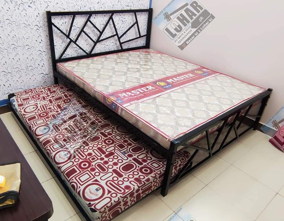Iron Double Bed with Sliding Trundle / Day bed (Luxury Design)
