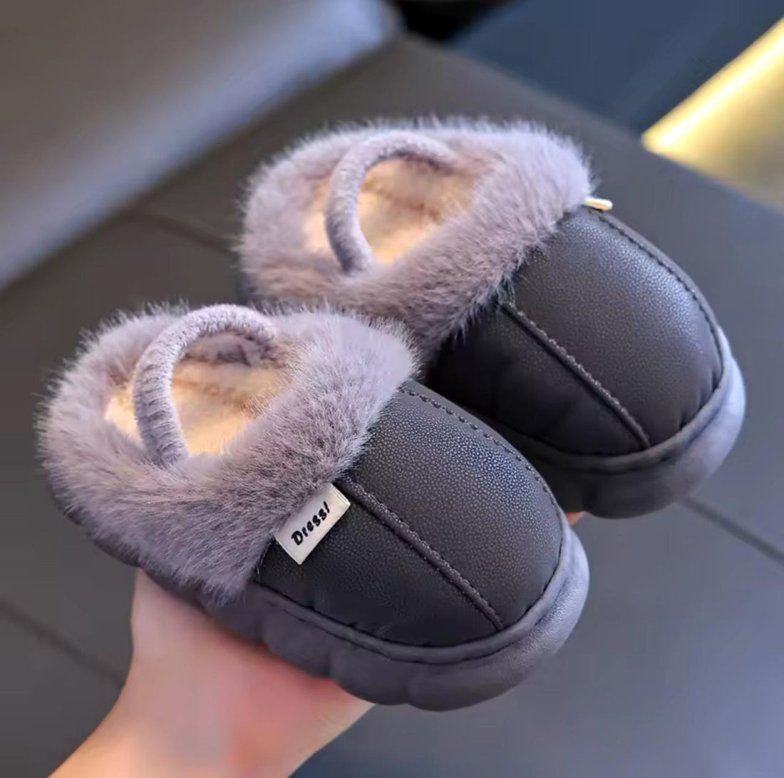 Kids Winter Warm Leather Slippers | Soft Fur Lined Indoor Home Shoes | Anti-Slip Cozy Footwear for Boys & Girls