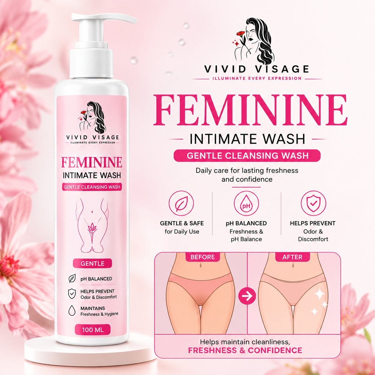 Vivid Visage Feminine Intimate Wash 100ml | pH Balanced Daily Cleansing Wash for Women | Gentle Hygiene Care & Freshness