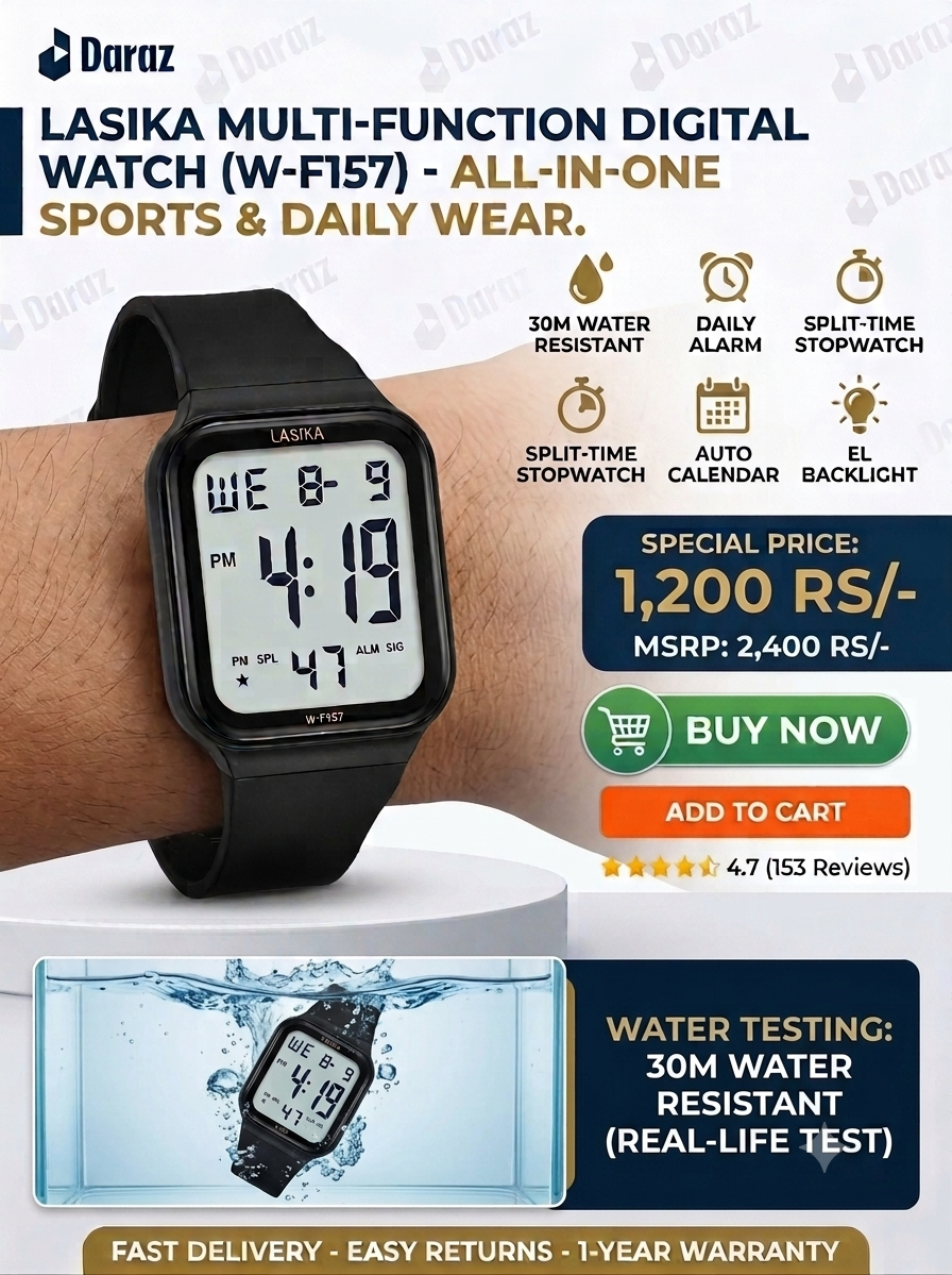 Lasika W-F157 Digital Sports Watch for Men & Boys - Waterproof Square Dial Rubber Strap LED Chronograph Wrist Watch