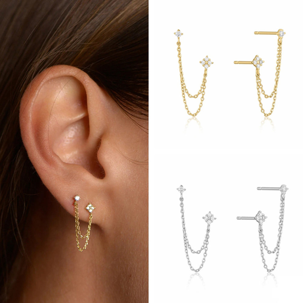 Huitan  Double Ear Studs Tassel Chains Hanging Earrings for Women Ear Piercing 3 Metal Color Luxury CZ Hot Jewelry