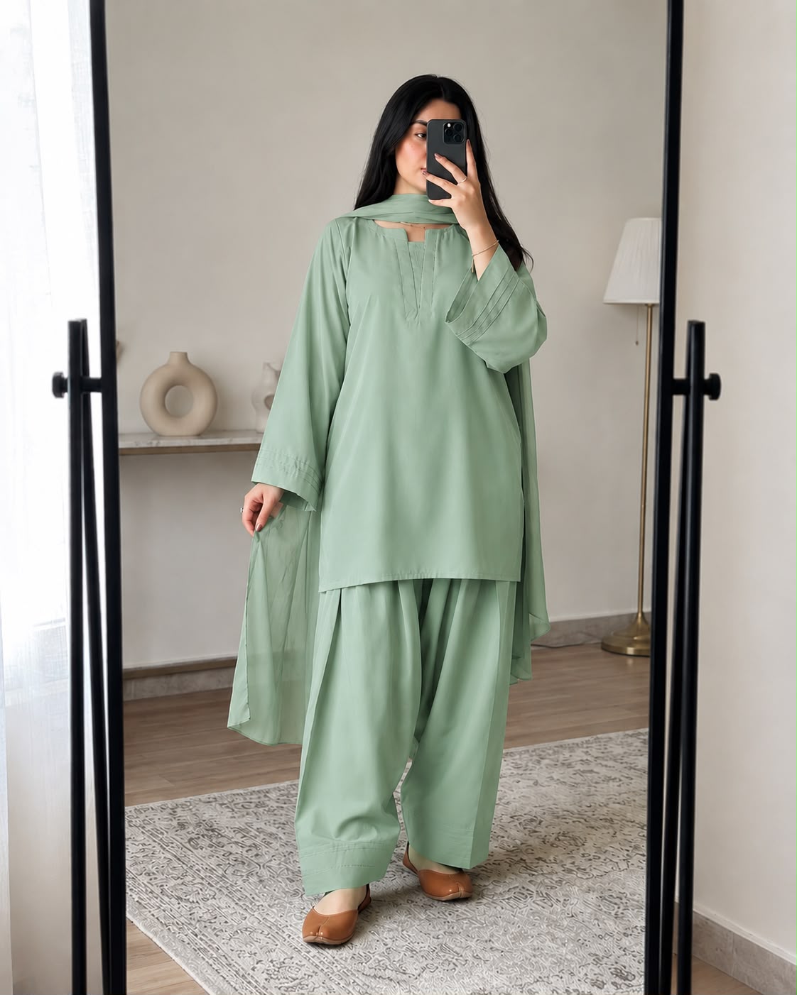 Printex work on Neck and sleeves with farshi shalwar and Chiffon dupata 3 pcs