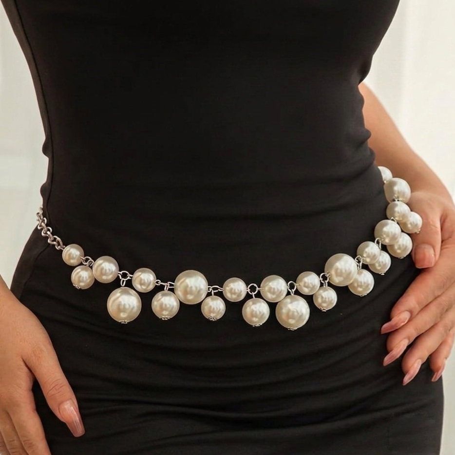 Big Pearl Multi-Layer Waist Belt for Girls – Adjustable Silver Chain Belly Chain Body Jewelry.