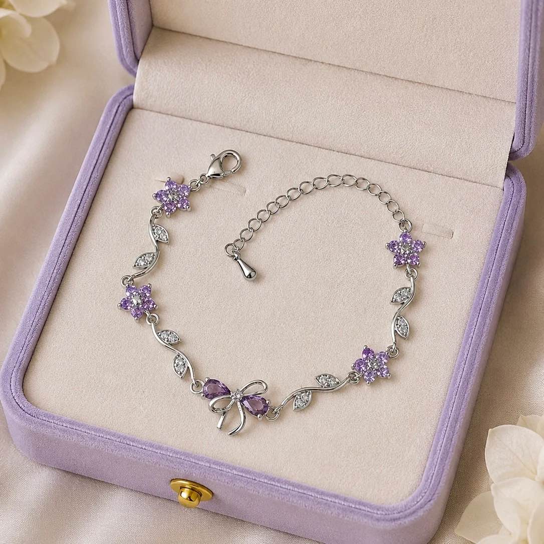 Purple Flower & Bow Bracelet for Girls & Women, Elegant Purple Blossom Ribbon Charm Bracelet, Korean Style Jewelry, Elegant Bow Hand Bracelet for Women, Fashion Floral Charm Jewelry Gift, Purple Crystal Flower & Bow Bracelet, Flower Bracelet for Girls