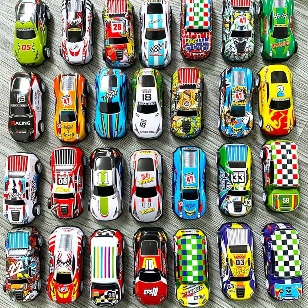 24 Pack Mini Diecast Metal Sports Car Model Toy Collection - Friction Powered Pull Back Racing Vehicles Set with Storage Organizer Box - Kids Gift Playset