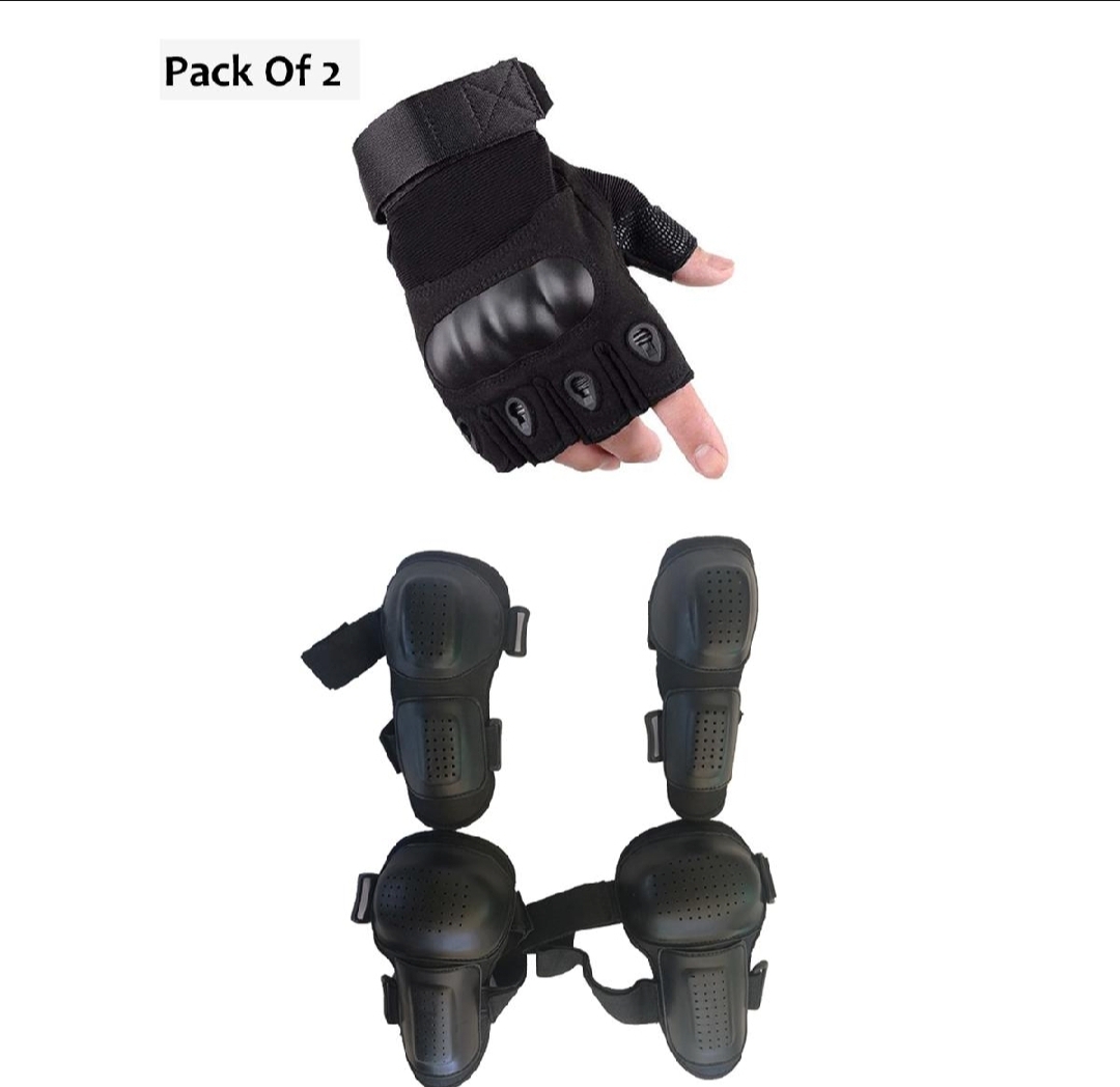 Pack of 2 -Half Finger Gloves And Army,Military & Sports Knee Pads Elbow Pads Set (4 Pieces)