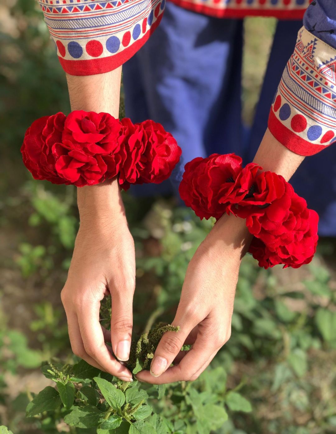 Artificial Flowers Hand Gajra Made with Red Velvet Fabric