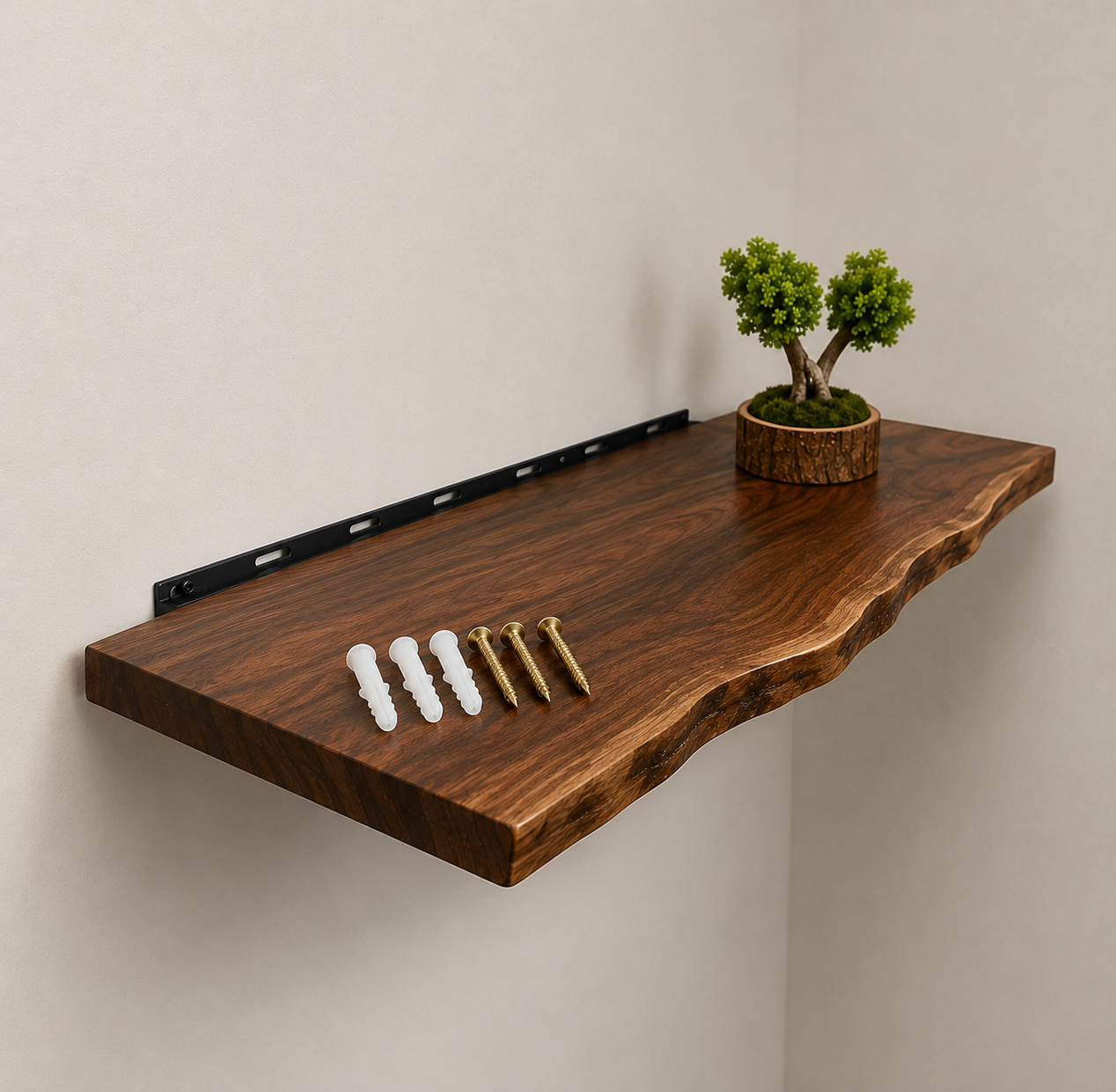 Premium Live Edge Floating Shelf | Custom Size Wooden Wall Mounted Shelf | Rustic Industrial Floating Wall Shelf | Modern Display & Storage Shelf for Living Room, Bedroom, Kitchen & Office