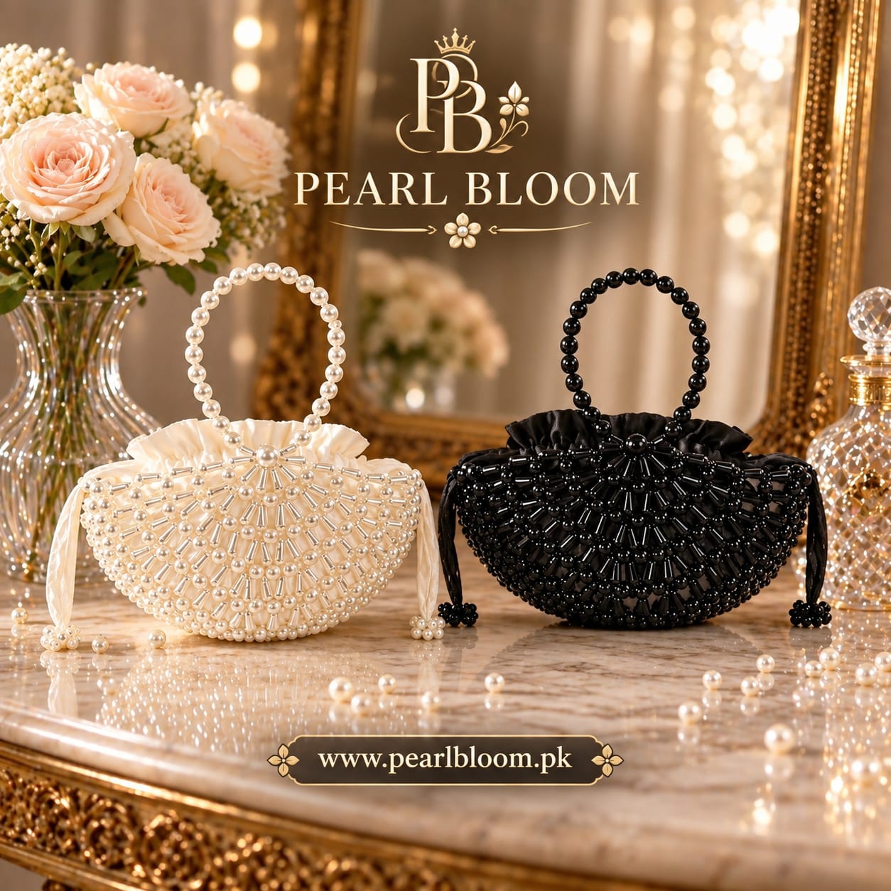 Handmade Drop Shape Pearl  Bag For Girls - Round Shaped Pearl Bag - Beaded Bag - Pearl Bloom Store