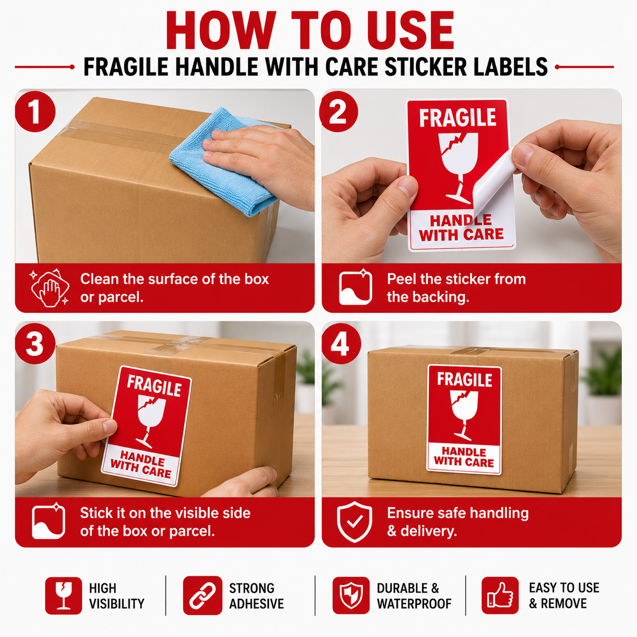 100 PCs Fragile Handle With Care Sticker Labels Small & Large Size Packing Warning Stickers for Glass Items Courier Packaging Moving Boxes Shipping Safety Labels Adhesive Fragile Tape for Parcel Packing Office Warehouse Home Use Breakable Item
