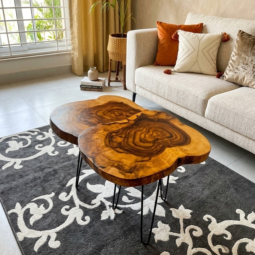 Live edge Coffee Table - Rustic Nesting Coffee Table - Mid Century Wood Slab Coffee Table with Hairpin legs - Retro Accent Center Table for living Room - Old Elm End Wooden Coffee/Side Table for Sofa -  Handmade Round Coffee Table