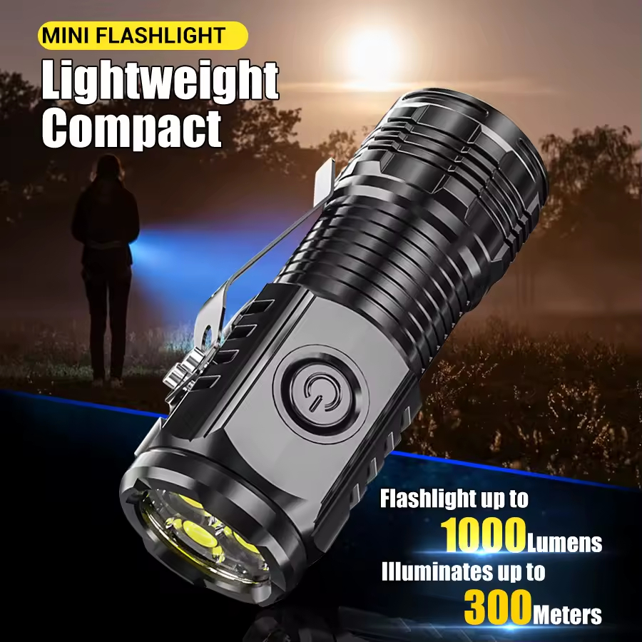 Mini Portable Outdoor Flashlight – Ultra Bright LED Torch Light with Three Eyed Design | Rechargeable Waterproof Camping & Hiking Torch for Emergency, Travel & Home Use
