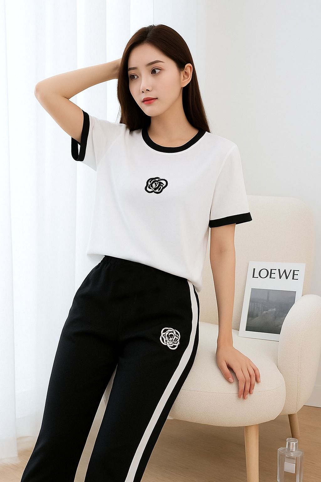 New Arrivals Women 2 Piece Tracksuit Gym Wear Set – Black & White Contrast Stripe T-Shirt & Trouser Co-Ord Set – Soft Stretch Jersey Fabric – Casual Wear, Sportswear, Yoga Suit, Running Outfit For Girls & Ladies girls dress women's dress Tee Tops Pj's