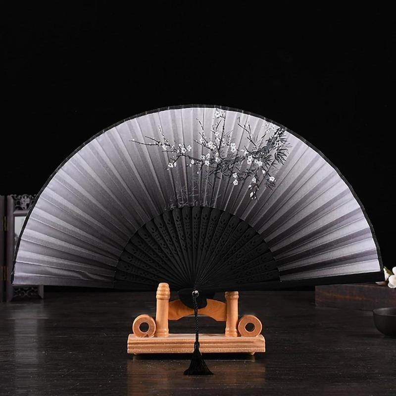 1Pc Vintage Silk Folding Fan Retro Chinese Japanese Bamboo Folding Fan Tassel Dance Hand Fan Home Decoration Ornament Craft 