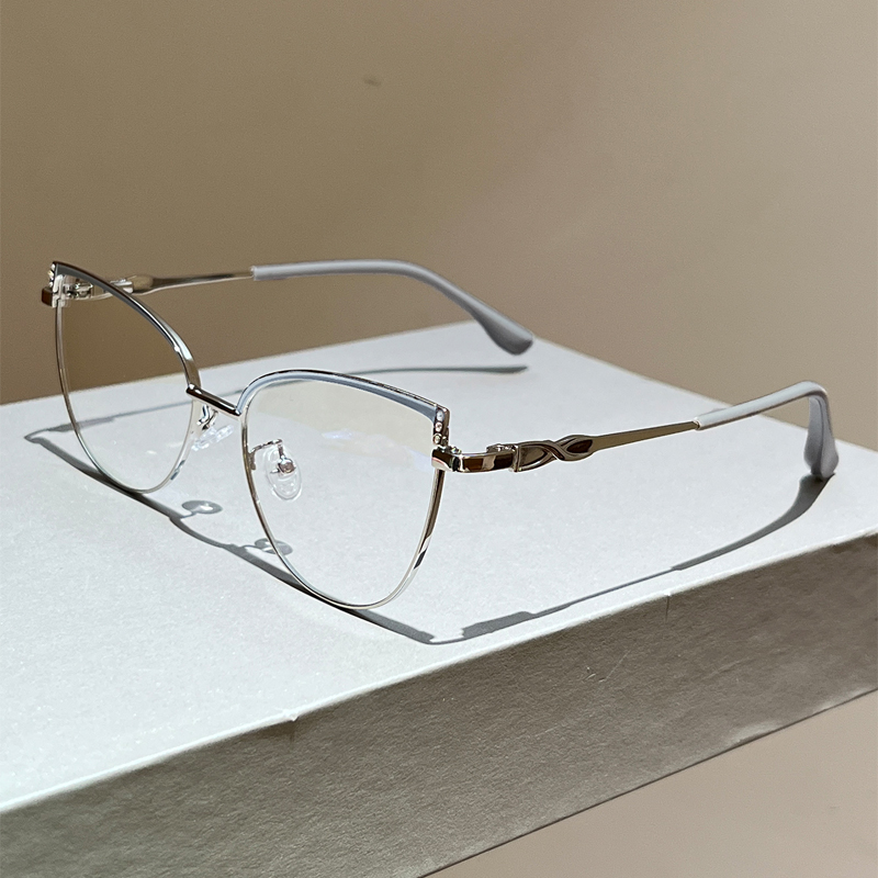 KAMMPT Cat Eye Glasses with Rhinestones Women Fashion Blue Light Blocking Optical Frames Trendy Vintage Metal Rim Decor Eyewear