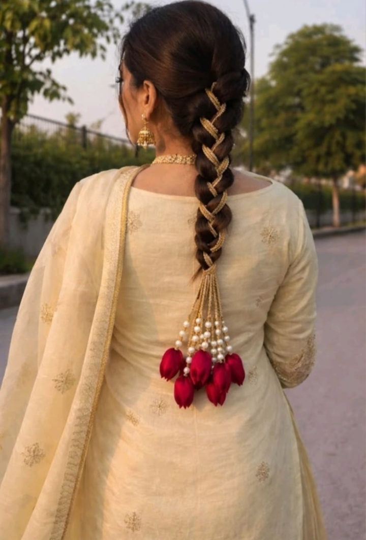 Traditional Punjabi Tulip Paranda - Handmade Floral Hair Braid Accessory with Pearl Accents for Weddings & Festivals