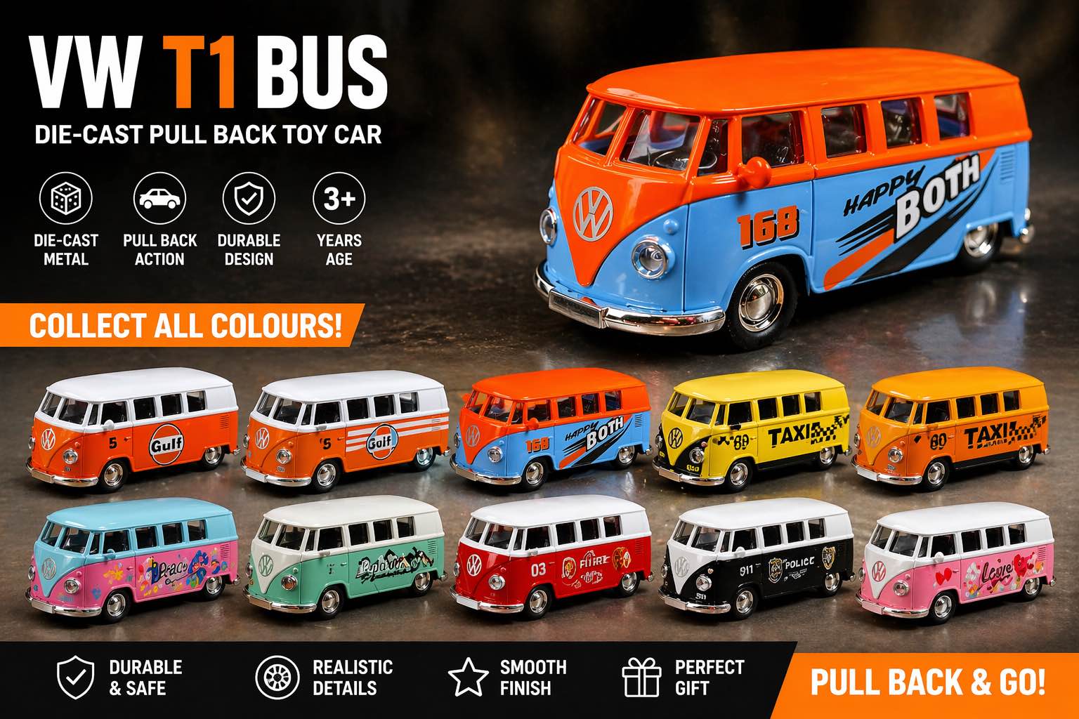 Die Cast VW T1 Bus Toy Car Pull Back Metal Model | Volkswagen Classic Van Miniature | Kids Toy Gift | Collectible Alloy Car 1:32 Scale